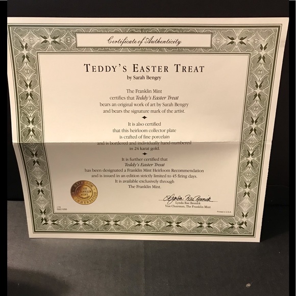 Franklin Mint “Teddy’s Easter Treat” Porcelain Collector Plate - Picture 4 of 5